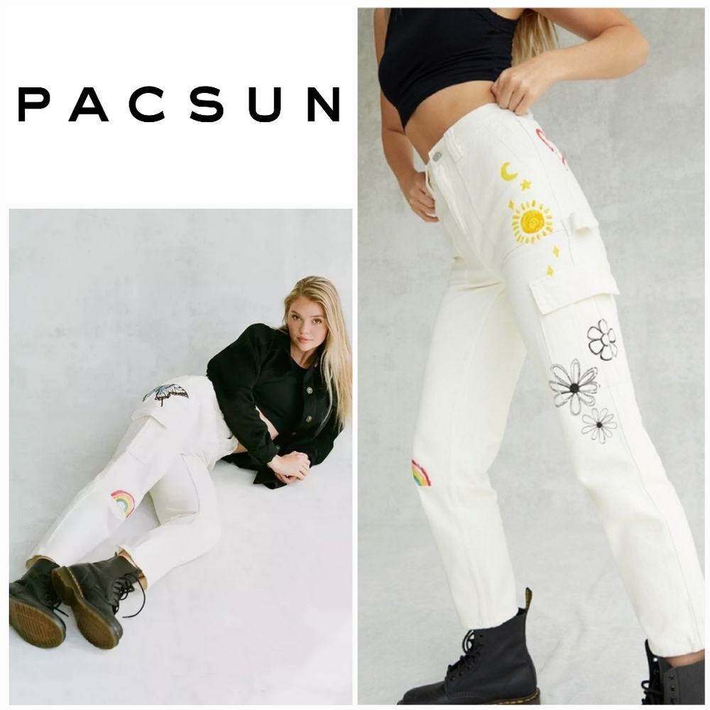 PacSun Sketchbook Cargo Skate High Rise Carpenter White Jeans Sz 26